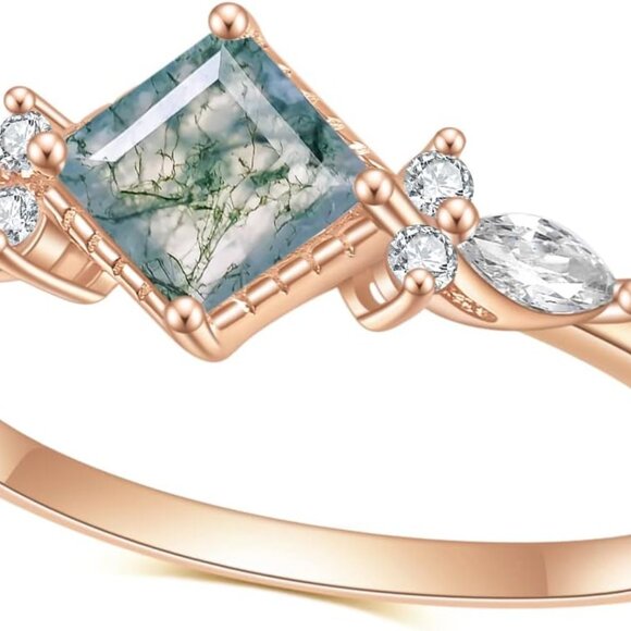 Jewelry - Silver Moss Agate Rings 14K Gold Rose Gold Three Stone Engagement Jewelry Women